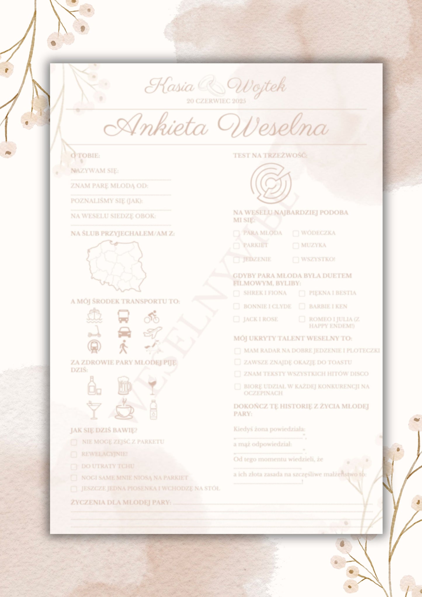 Ankieta Weselna dla Gości w wersji PDF – Różne Wersje Kolorystyczne