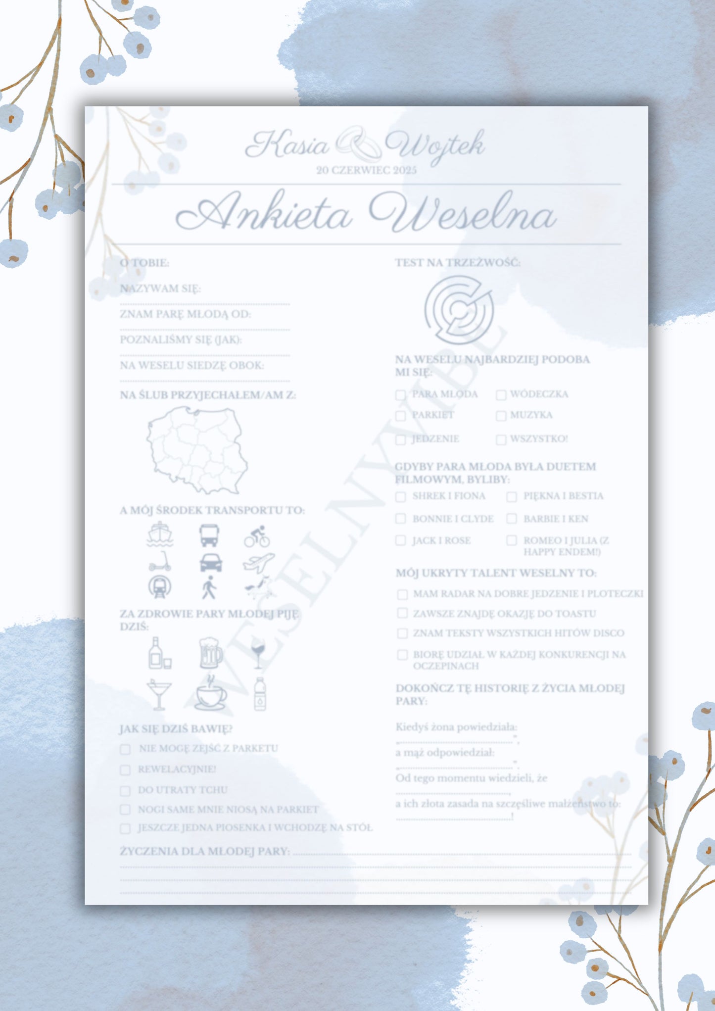 Ankieta Weselna dla Gości w wersji PDF – Różne Wersje Kolorystyczne