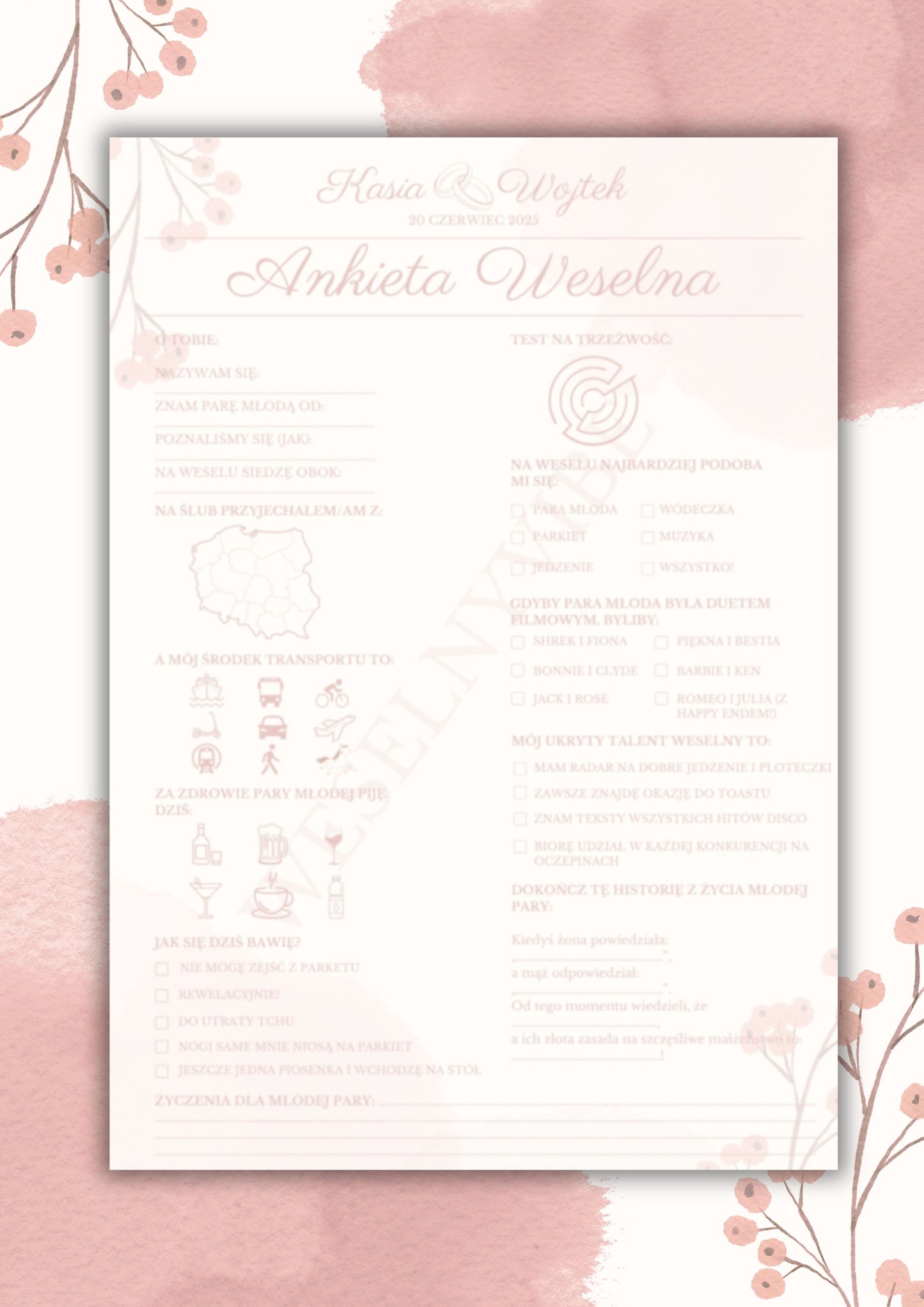 Ankieta Weselna dla Gości w wersji PDF – Różne Wersje Kolorystyczne