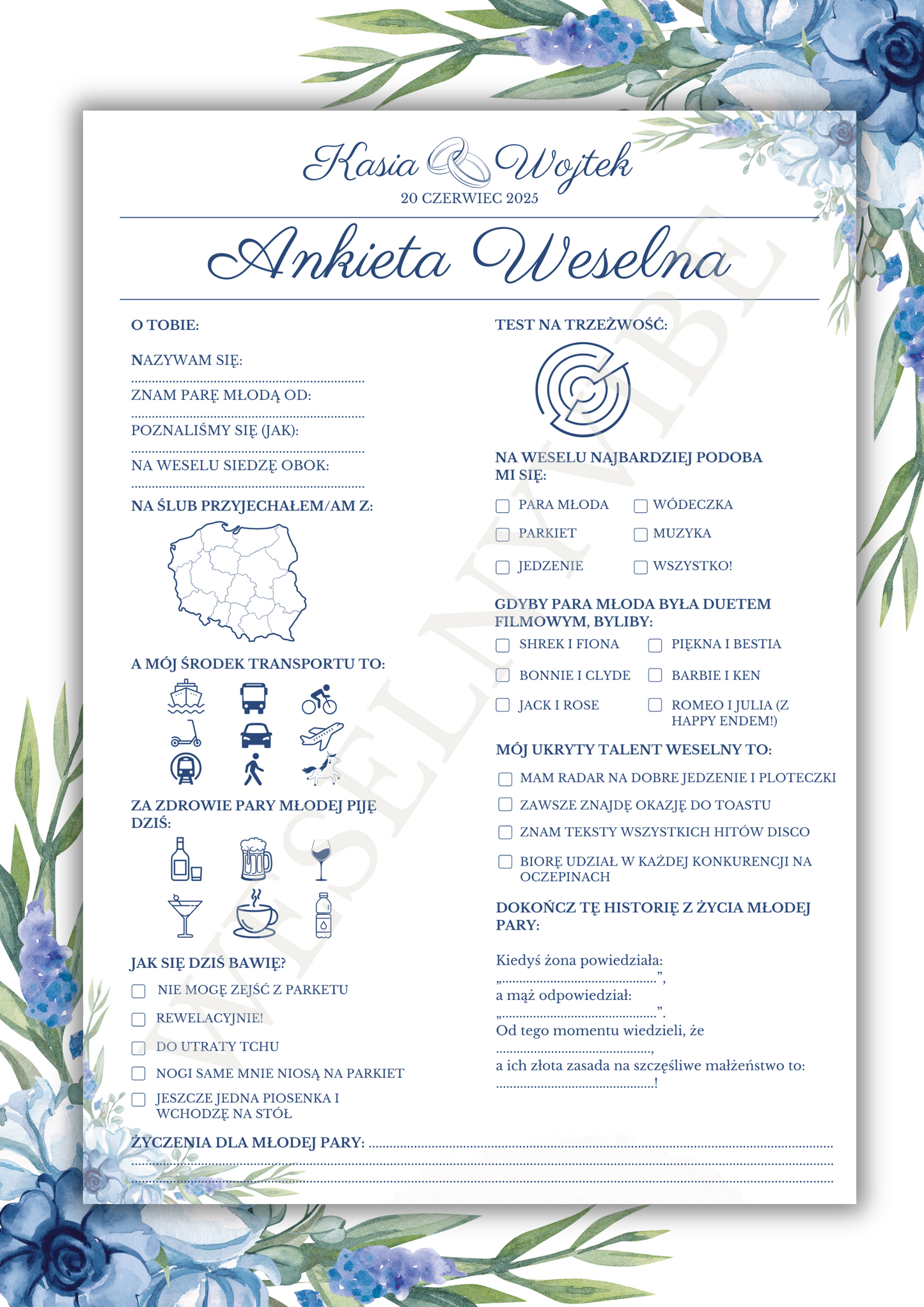 Ankieta Weselna dla Gości w wersji PDF – Różne Wersje Kolorystyczne