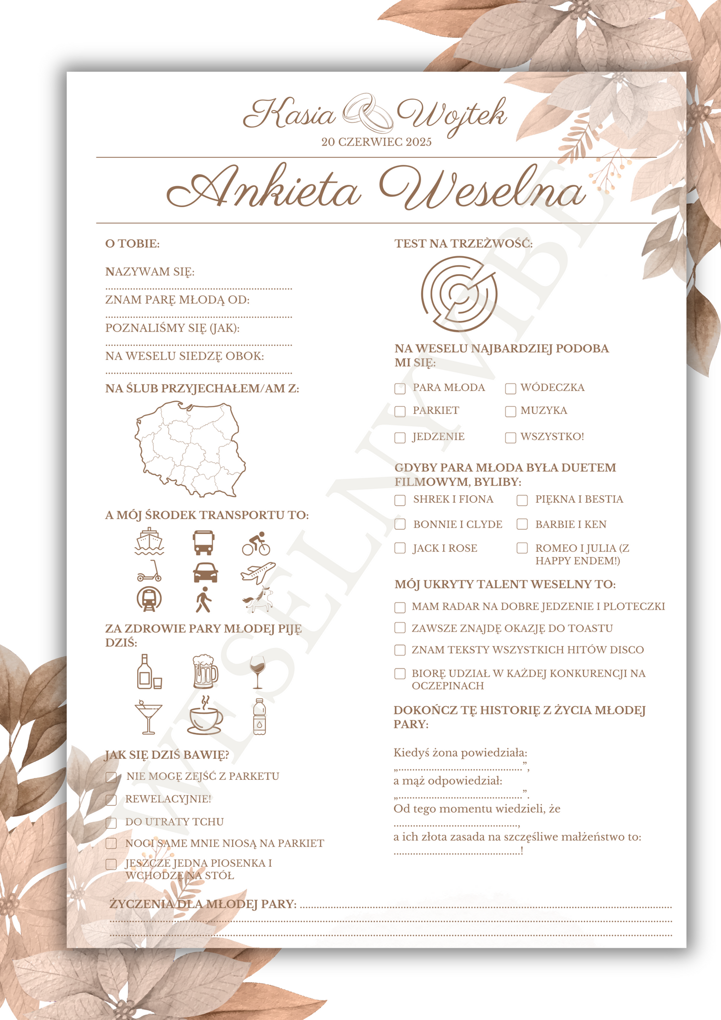 Ankieta Weselna dla Gości w wersji PDF – Różne Wersje Kolorystyczne