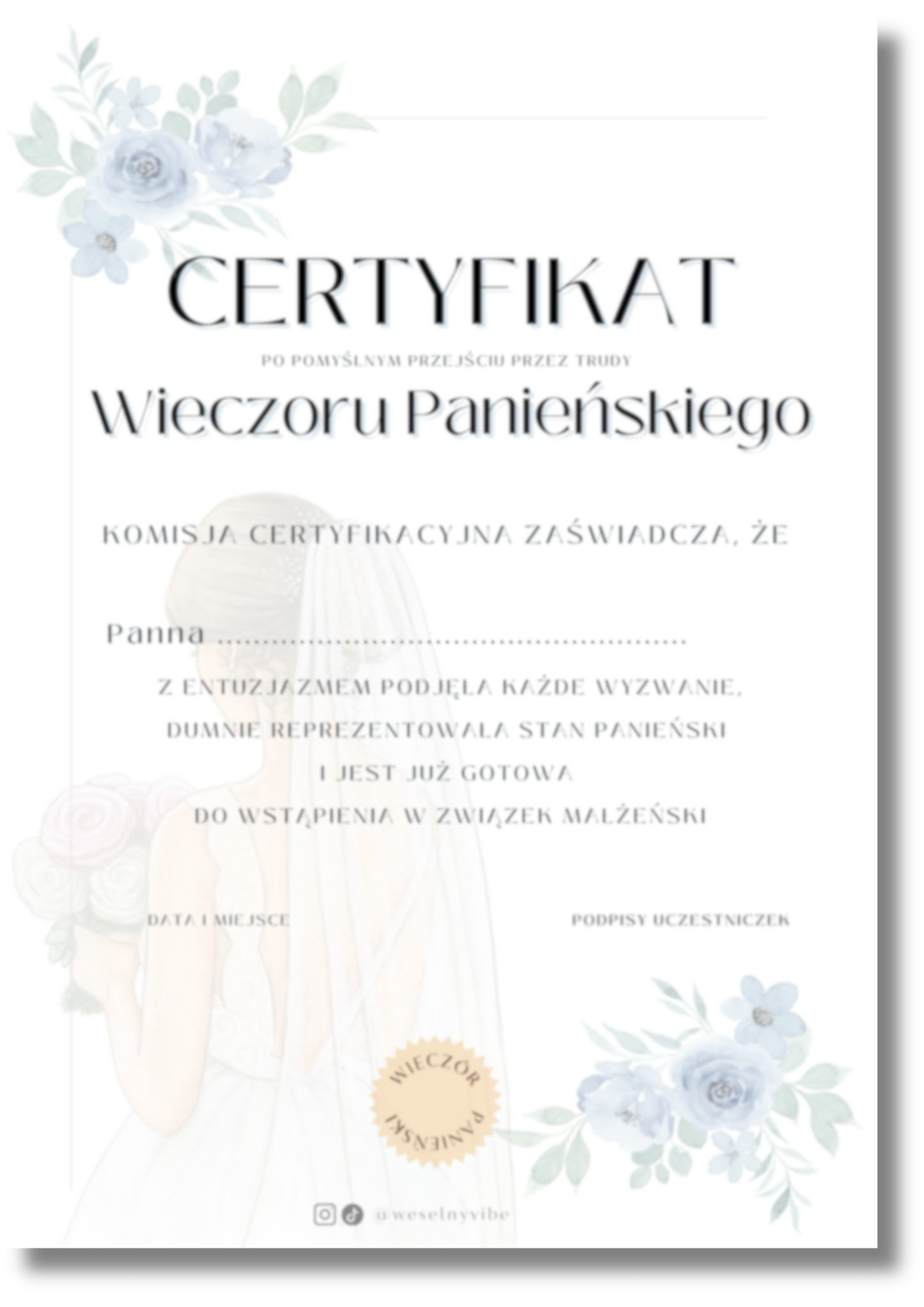 Certyfikat Wieczoru Panieńskiego dla Panny Młodej PRODUKT FIZYCZNY