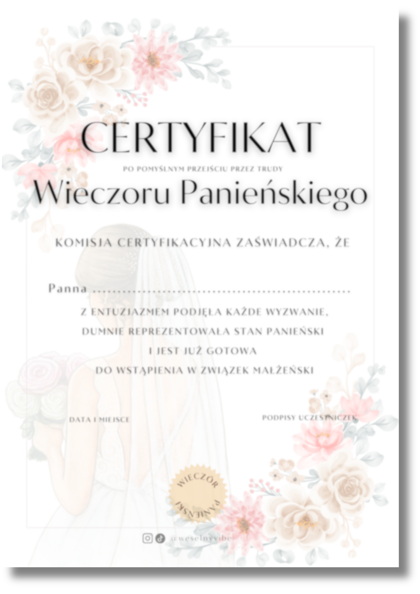 Certyfikat Wieczoru Panieńskiego dla Panny Młodej PRODUKT FIZYCZNY