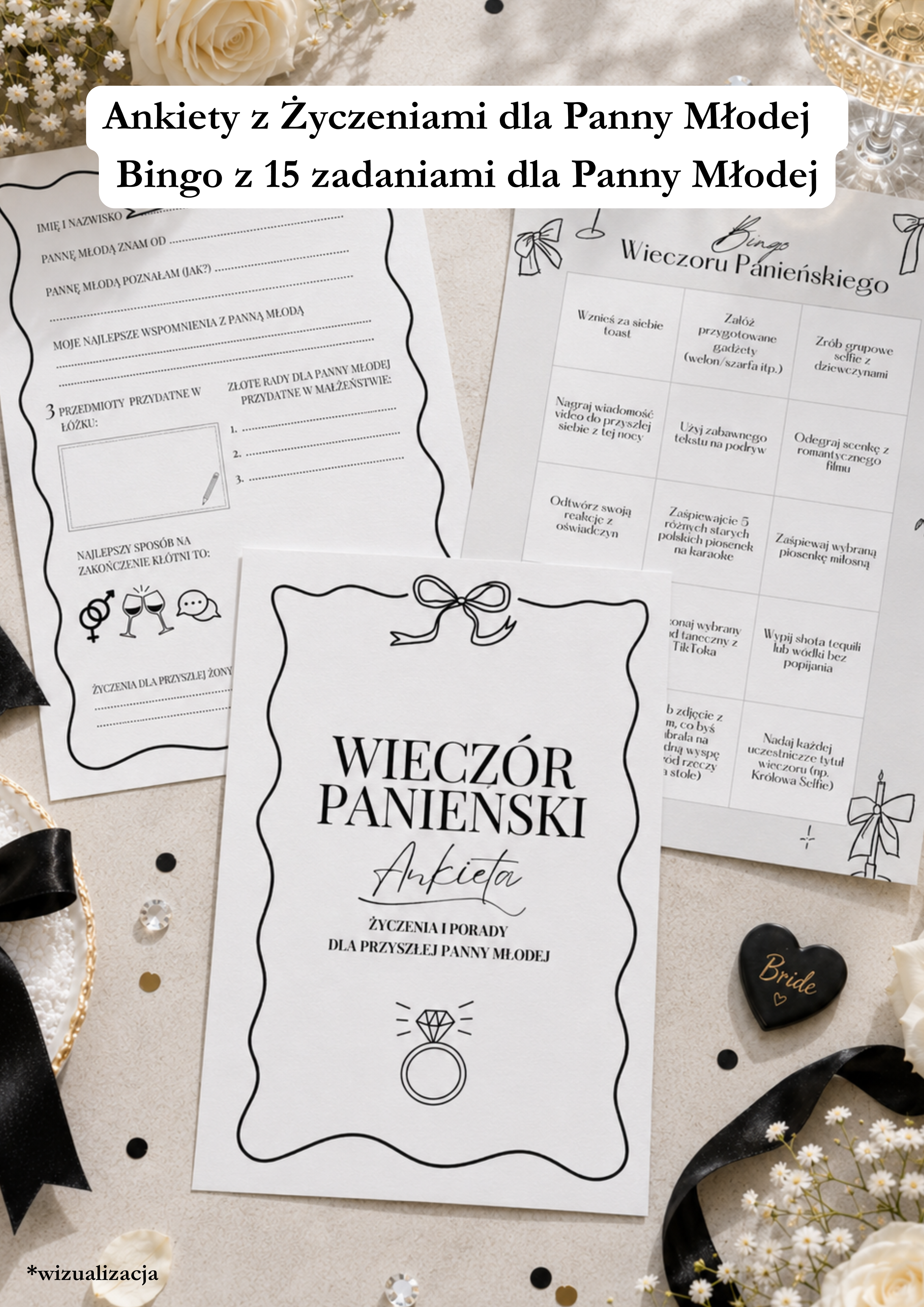 PAKIET BESTSELLERÓW NA PANIEŃSKI: 20 Gier i Zabaw + Ankiety dla Uczestniczek + Plakat dla Panny Młodej PRODUKT CYFROWY - Weselny Vibe