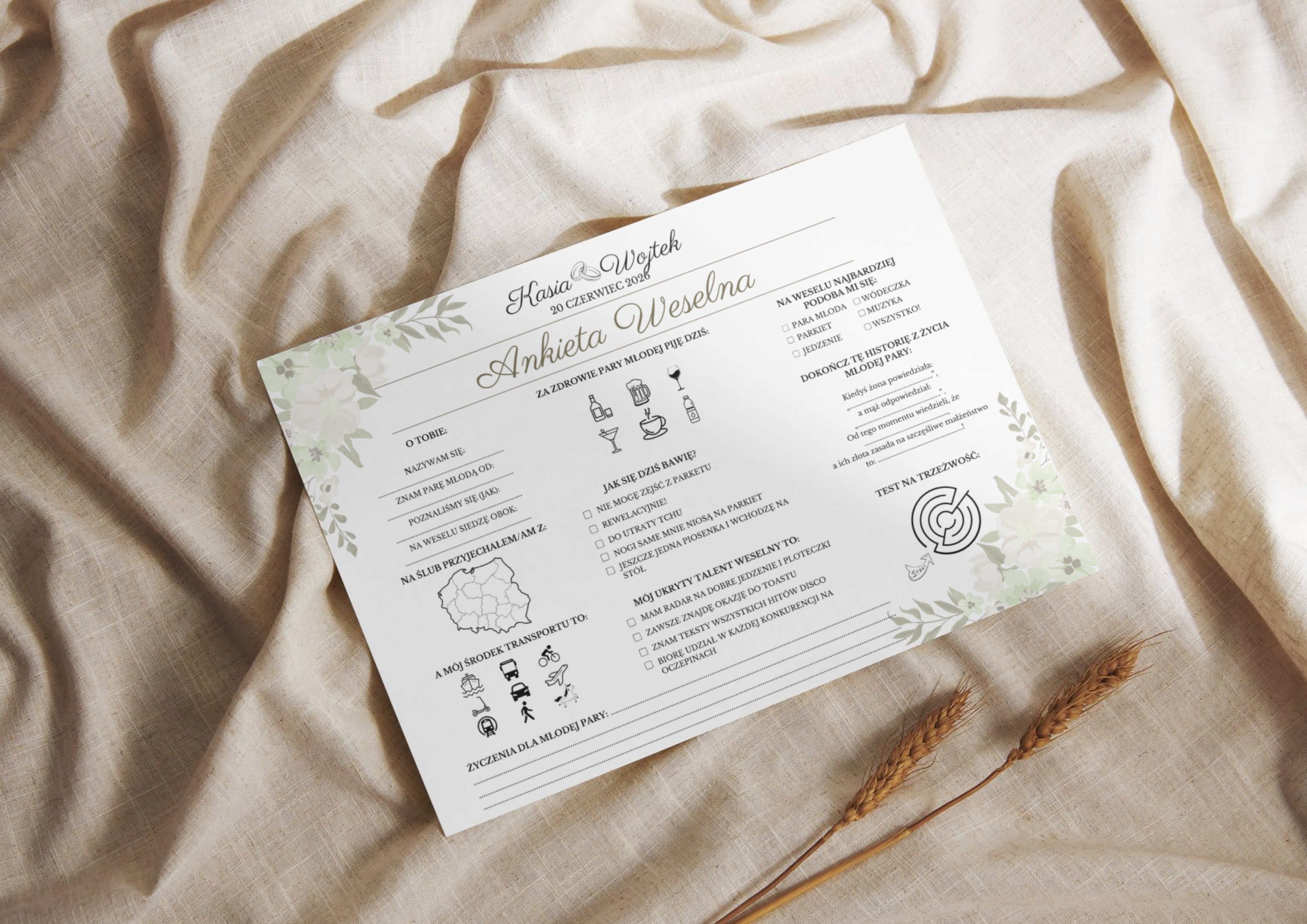 Ankiety Weselne dla Gości – Różne Wersje Kolorystyczne - PRODUKT FIZYCZNY