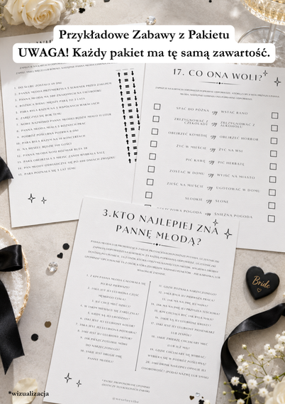 PAKIET BESTSELLERÓW NA PANIEŃSKI: 20 Gier i Zabaw + Ankiety dla Uczestniczek + Plakat dla Panny Młodej PRODUKT CYFROWY - Weselny Vibe