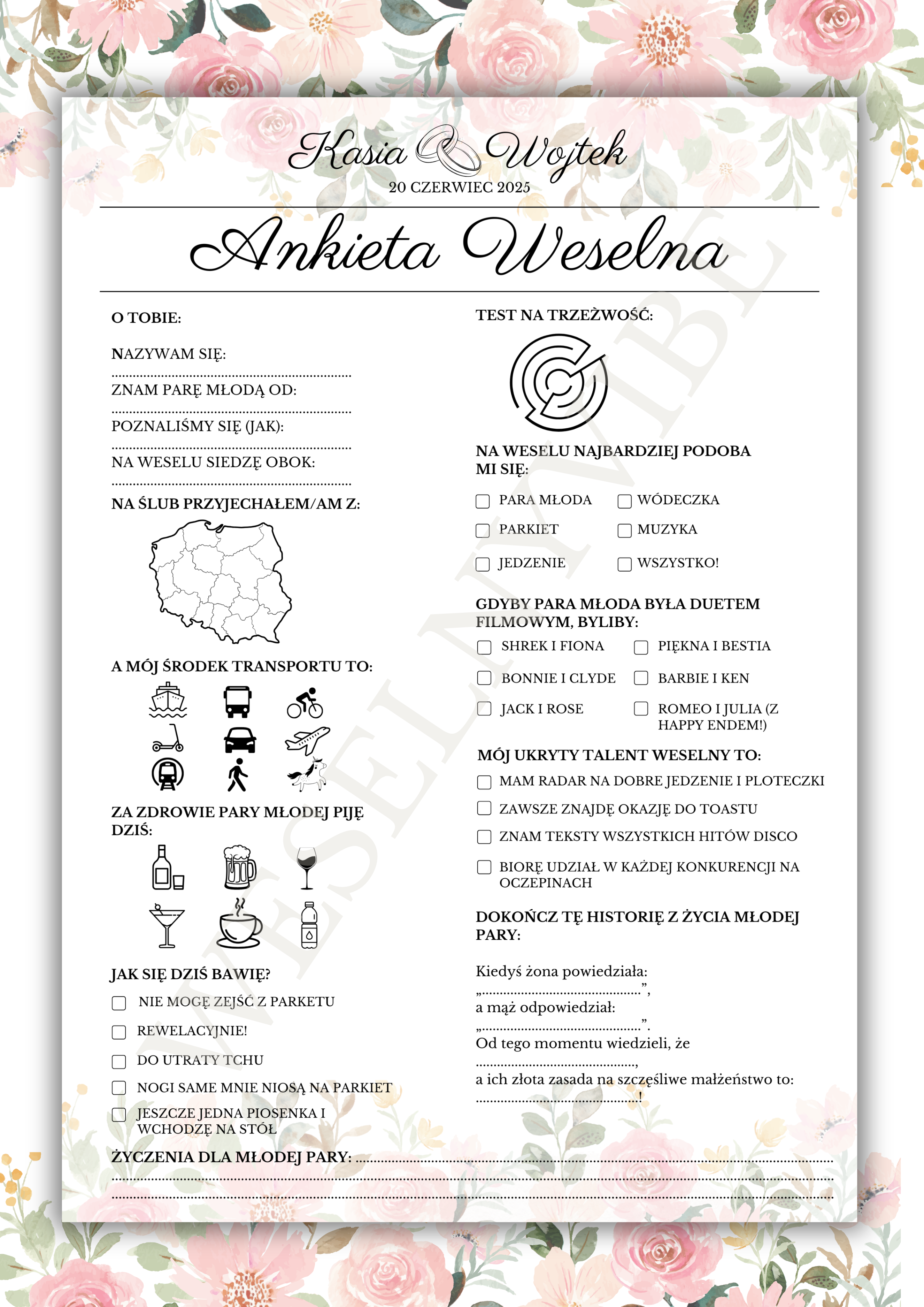 Ankieta Weselna dla Gości w wersji PDF – Różne Wersje Kolorystyczne