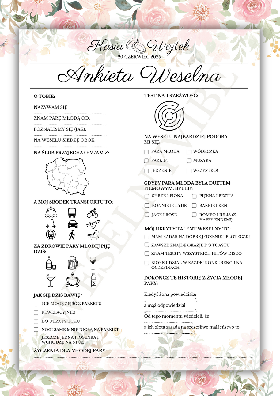Ankieta Weselna dla Gości w wersji PDF – Różne Wersje Kolorystyczne