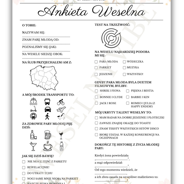 Ankieta Weselna dla Gości w wersji PDF – Różne Wersje Kolorystyczne