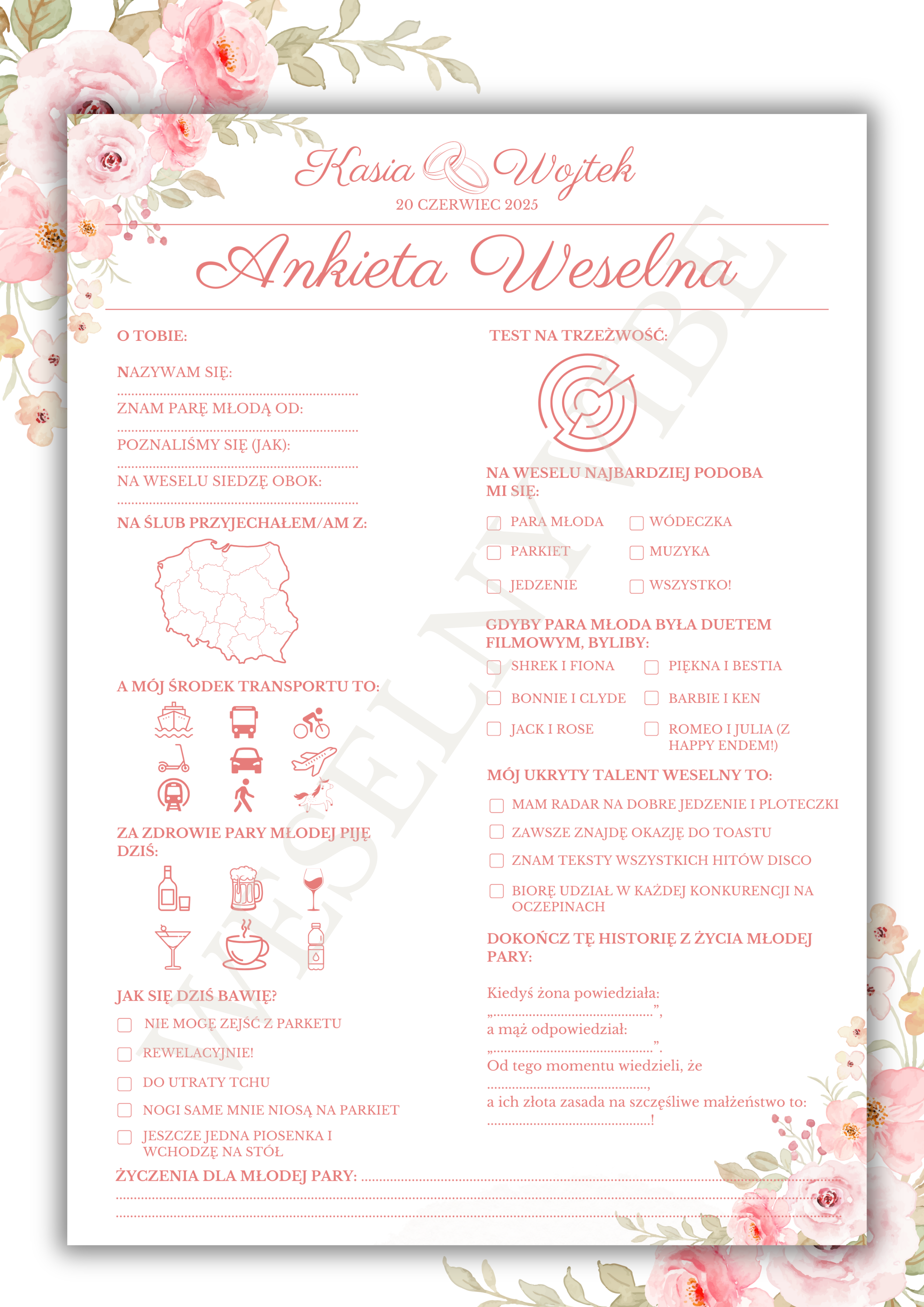 Ankieta Weselna dla Gości w wersji PDF – Różne Wersje Kolorystyczne