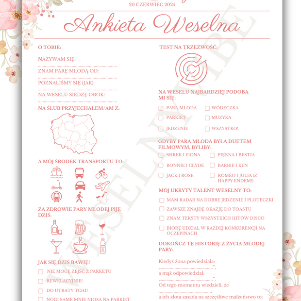 Ankieta Weselna dla Gości w wersji PDF – Różne Wersje Kolorystyczne