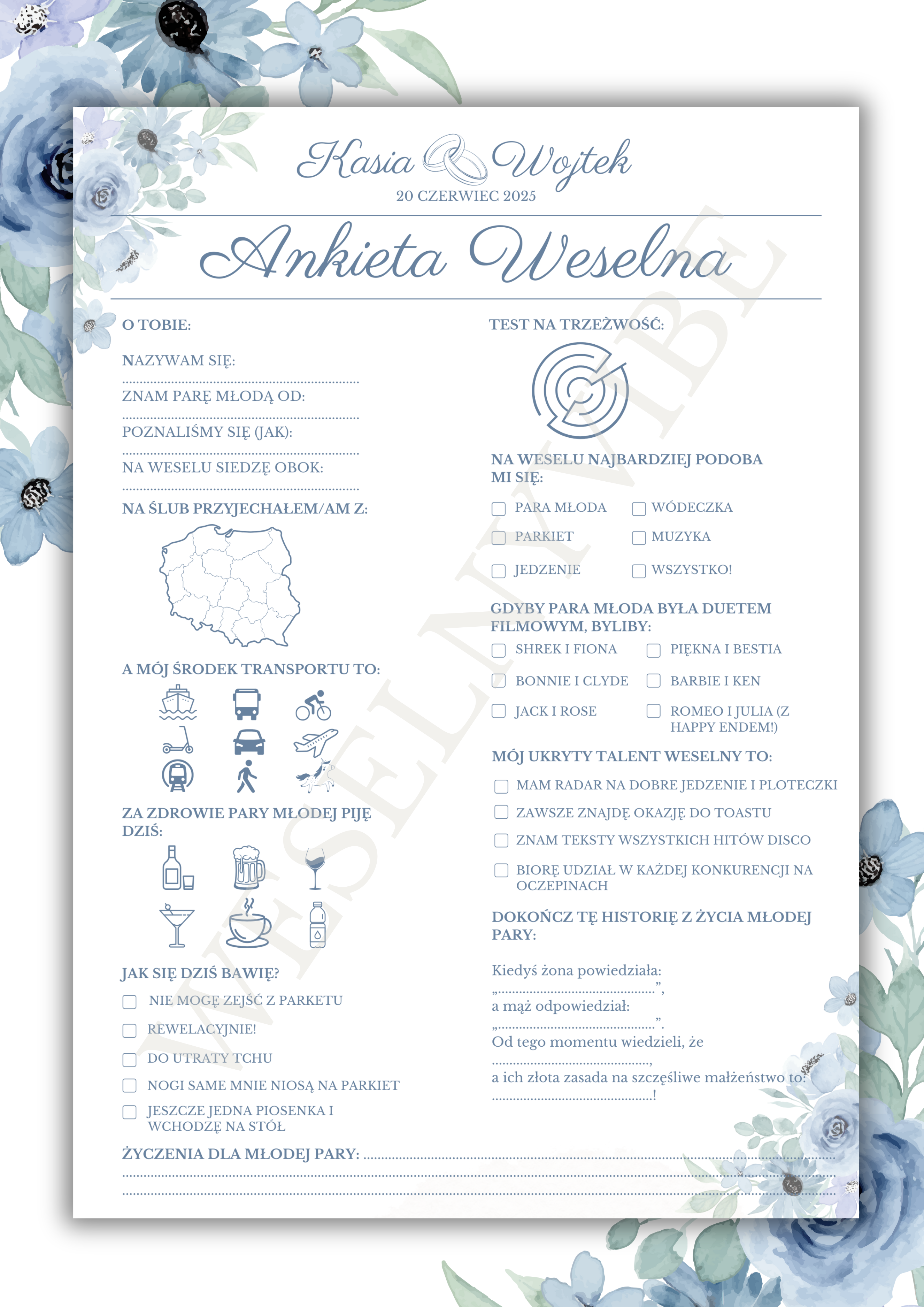 Ankieta Weselna dla Gości w wersji PDF – Różne Wersje Kolorystyczne