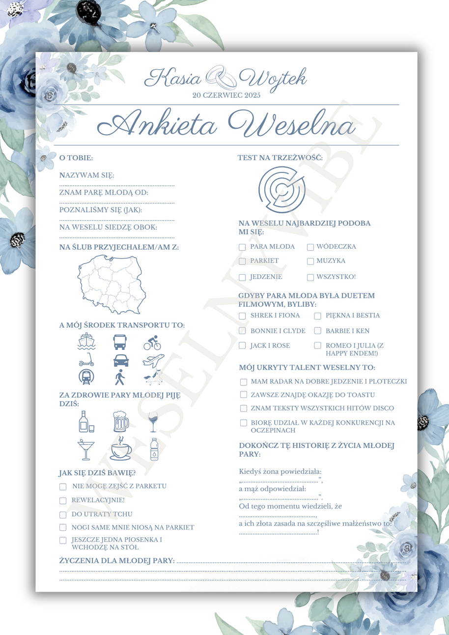 Ankieta Weselna dla Gości w wersji PDF – Różne Wersje Kolorystyczne
