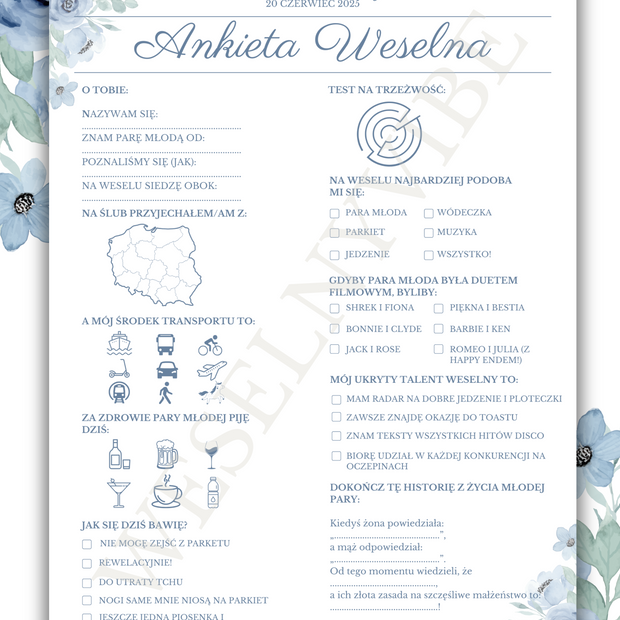 Ankieta Weselna dla Gości w wersji PDF – Różne Wersje Kolorystyczne