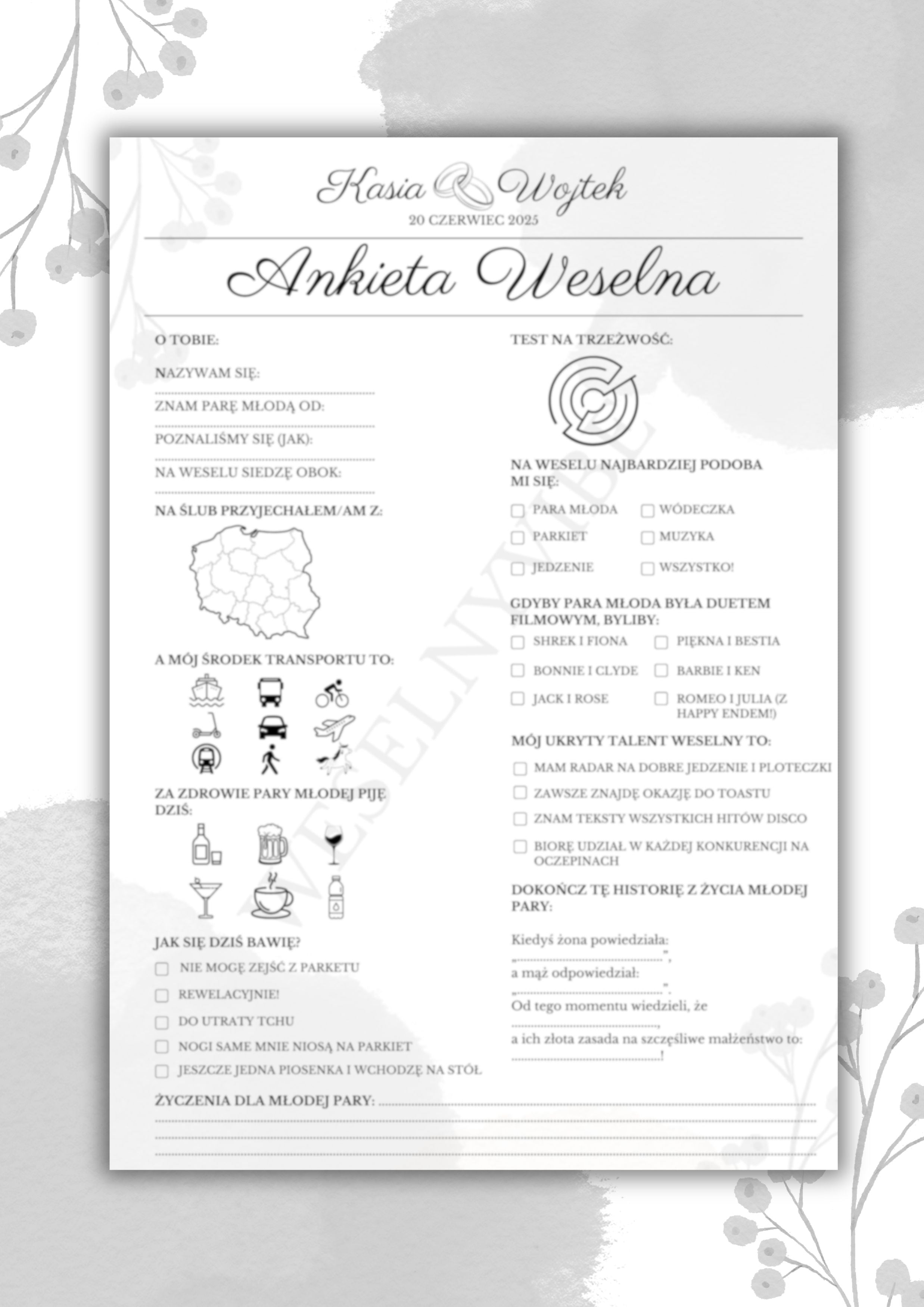 Ankieta Weselna dla Gości w wersji PDF – Różne Wersje Kolorystyczne