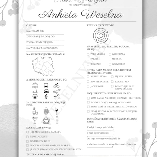 Ankieta Weselna dla Gości w wersji PDF – Różne Wersje Kolorystyczne
