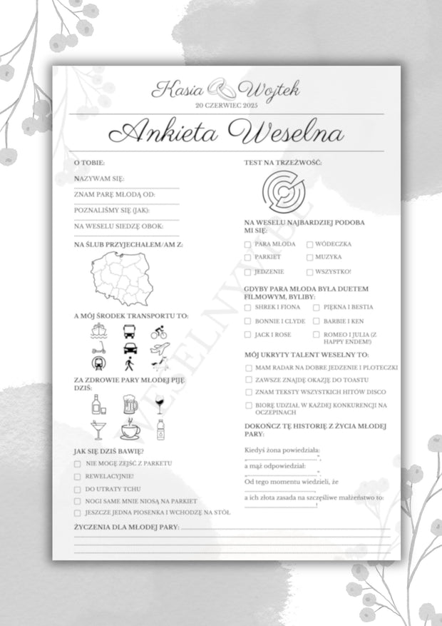 Ankieta Weselna dla Gości w wersji PDF – Różne Wersje Kolorystyczne - Weselny Vibe