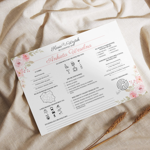 Ankiety Weselne dla Gości – Różne Wersje Kolorystyczne - PRODUKT FIZYCZNY