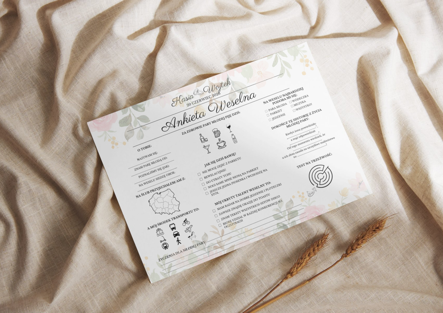 Ankiety Weselne dla Gości – Różne Wersje Kolorystyczne - PRODUKT FIZYCZNY