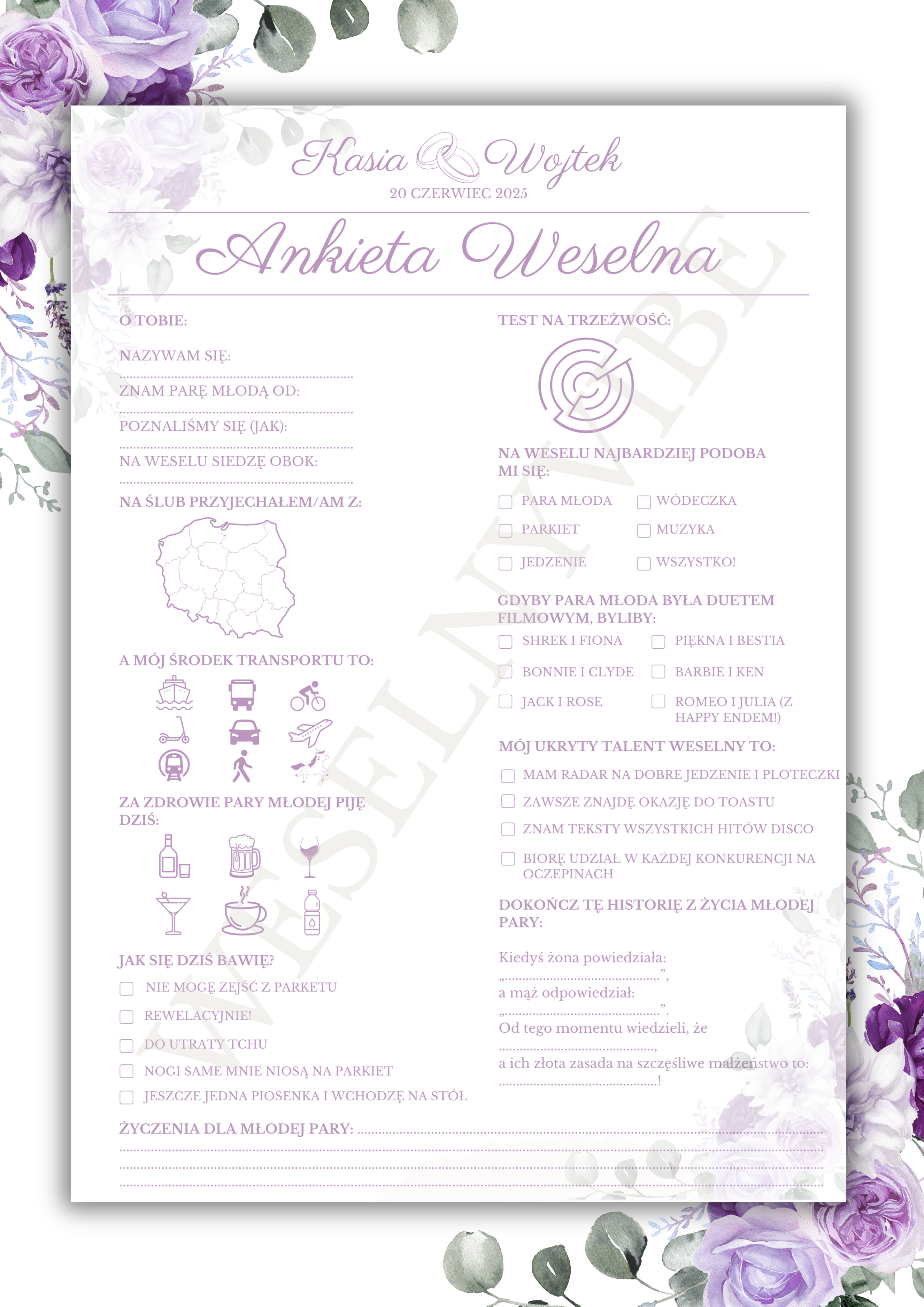 Ankieta Weselna dla Gości w wersji PDF – Różne Wersje Kolorystyczne