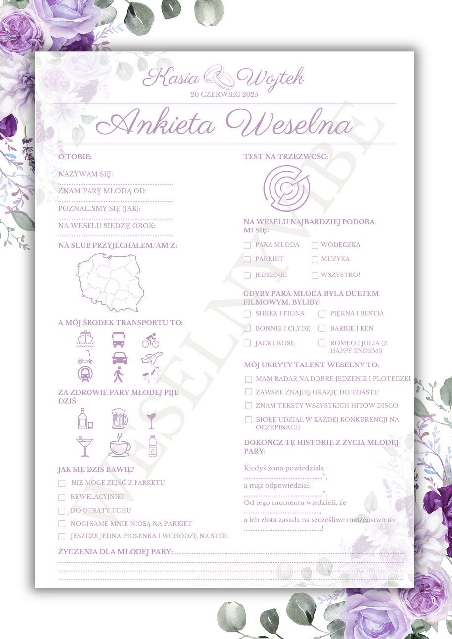 Ankieta Weselna dla Gości w wersji PDF – Różne Wersje Kolorystyczne