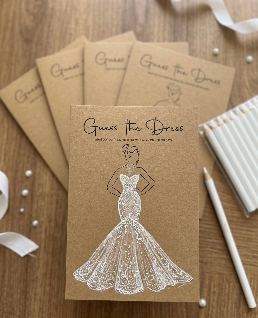 Gra na Wieczór Panieński "Guess the Dress" – Zgadnij Suknię Panny Młodej (Zestaw z białymi kredkami)