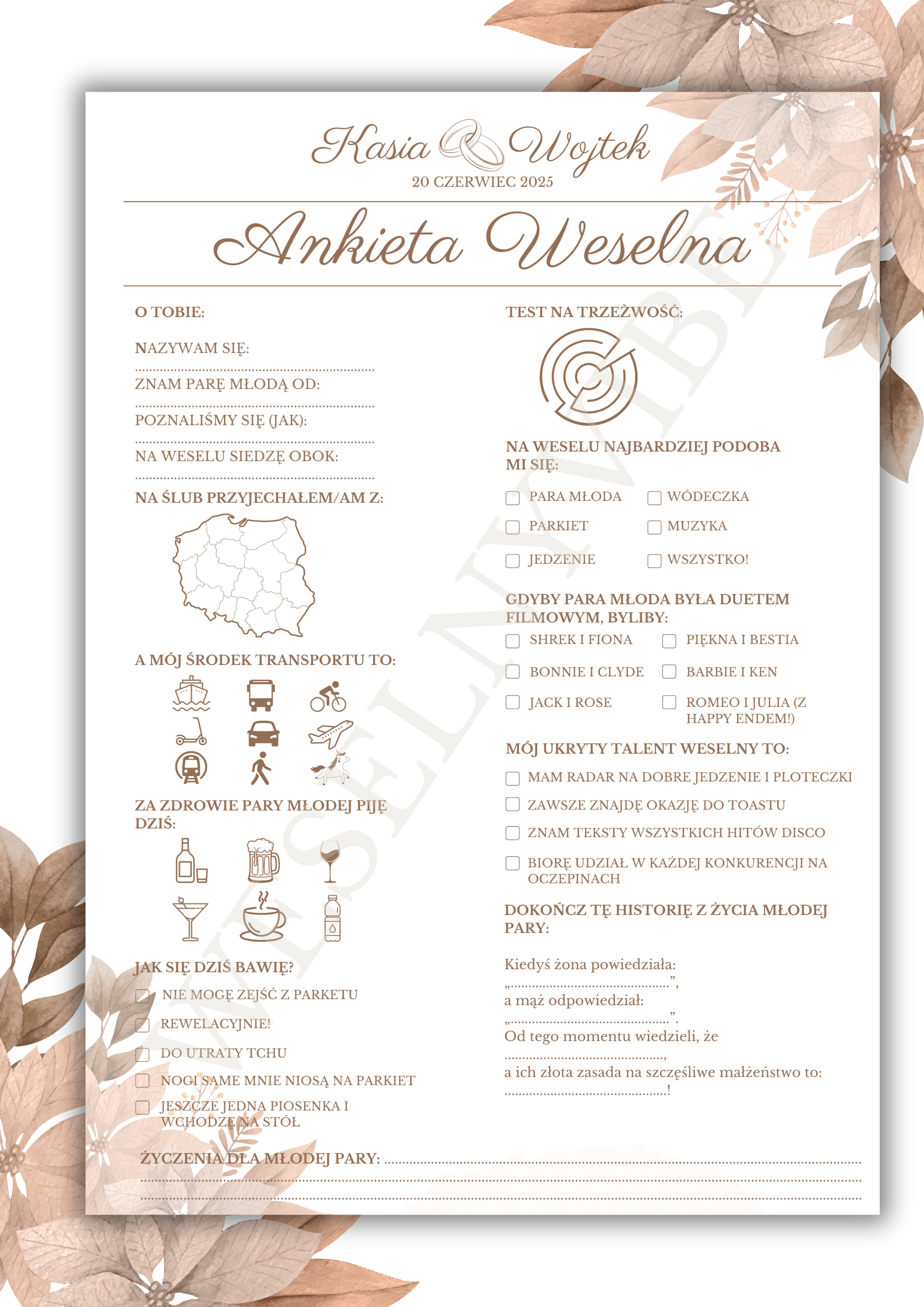 Ankieta Weselna dla Gości w wersji PDF – Różne Wersje Kolorystyczne