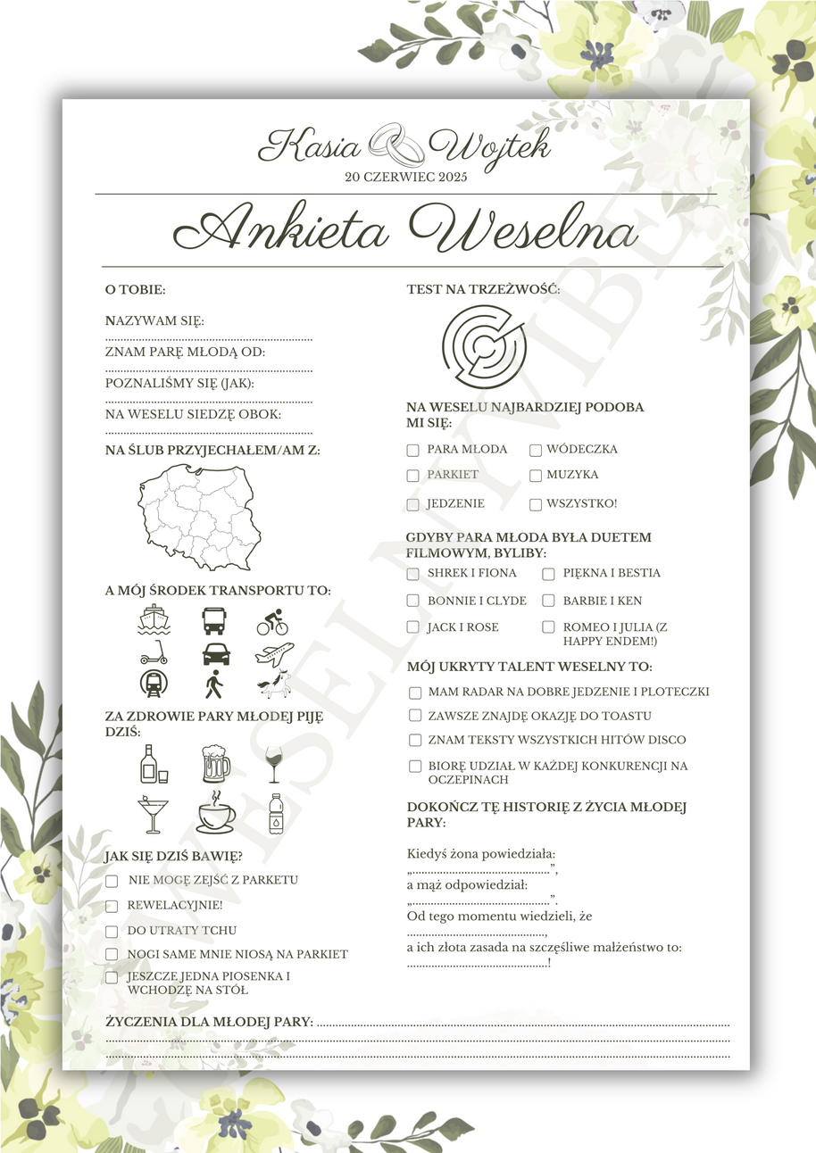 Ankieta Weselna dla Gości w wersji PDF – Różne Wersje Kolorystyczne
