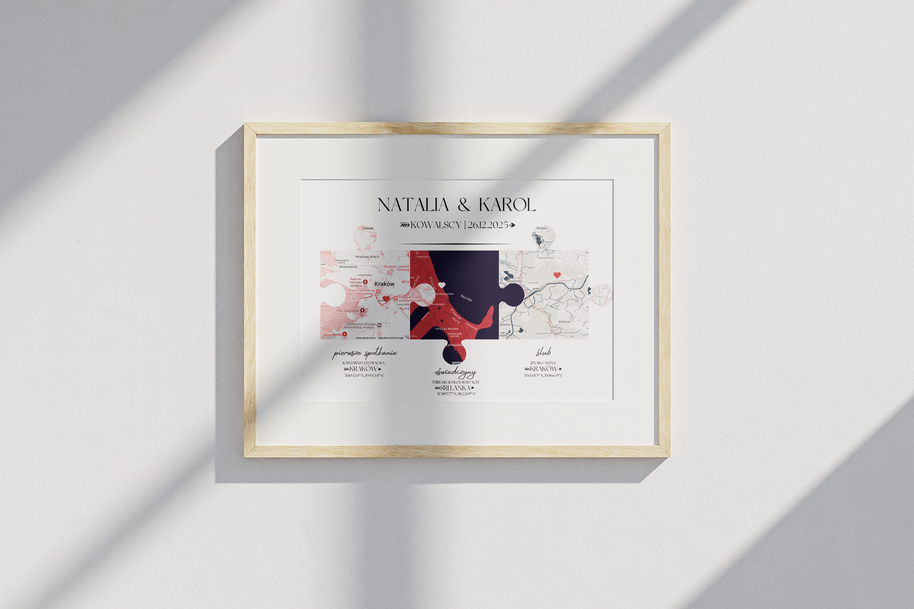 Plakat „Nasza Historia” z mapami – prezent na ślub, rocznicę, walentynki dla pary