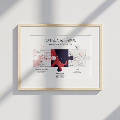 Plakat „Nasza Historia” z mapami – prezent na ślub, rocznicę, walentynki dla pary