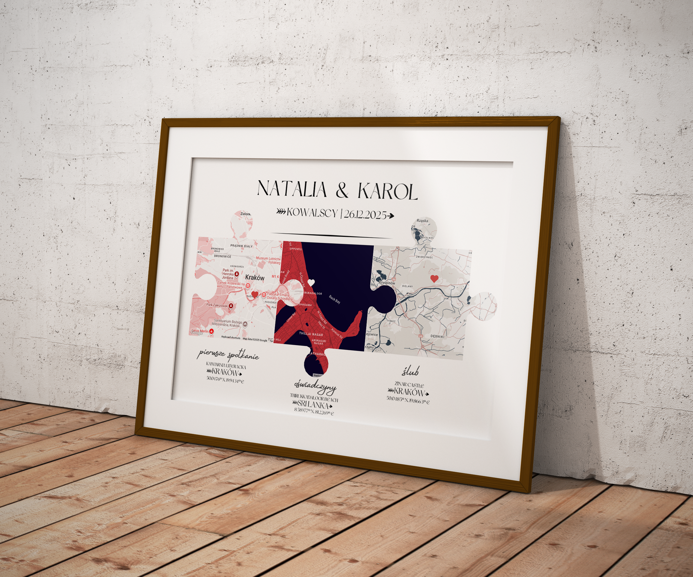 Plakat „Nasza Historia” z mapami – prezent na ślub, rocznicę, walentynki dla pary