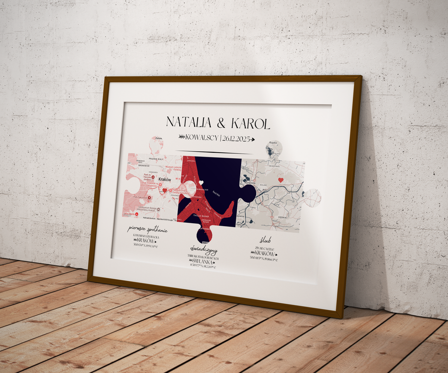 Plakat „Nasza Historia” z mapami – prezent na ślub, rocznicę, walentynki dla pary