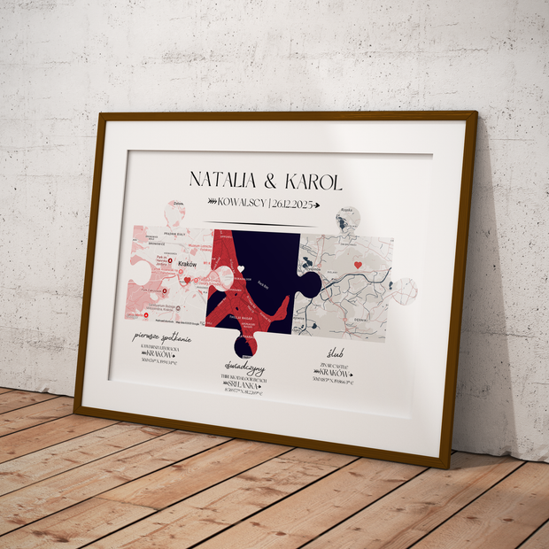 Plakat „Nasza Historia” z mapami – prezent na ślub, rocznicę, walentynki dla pary