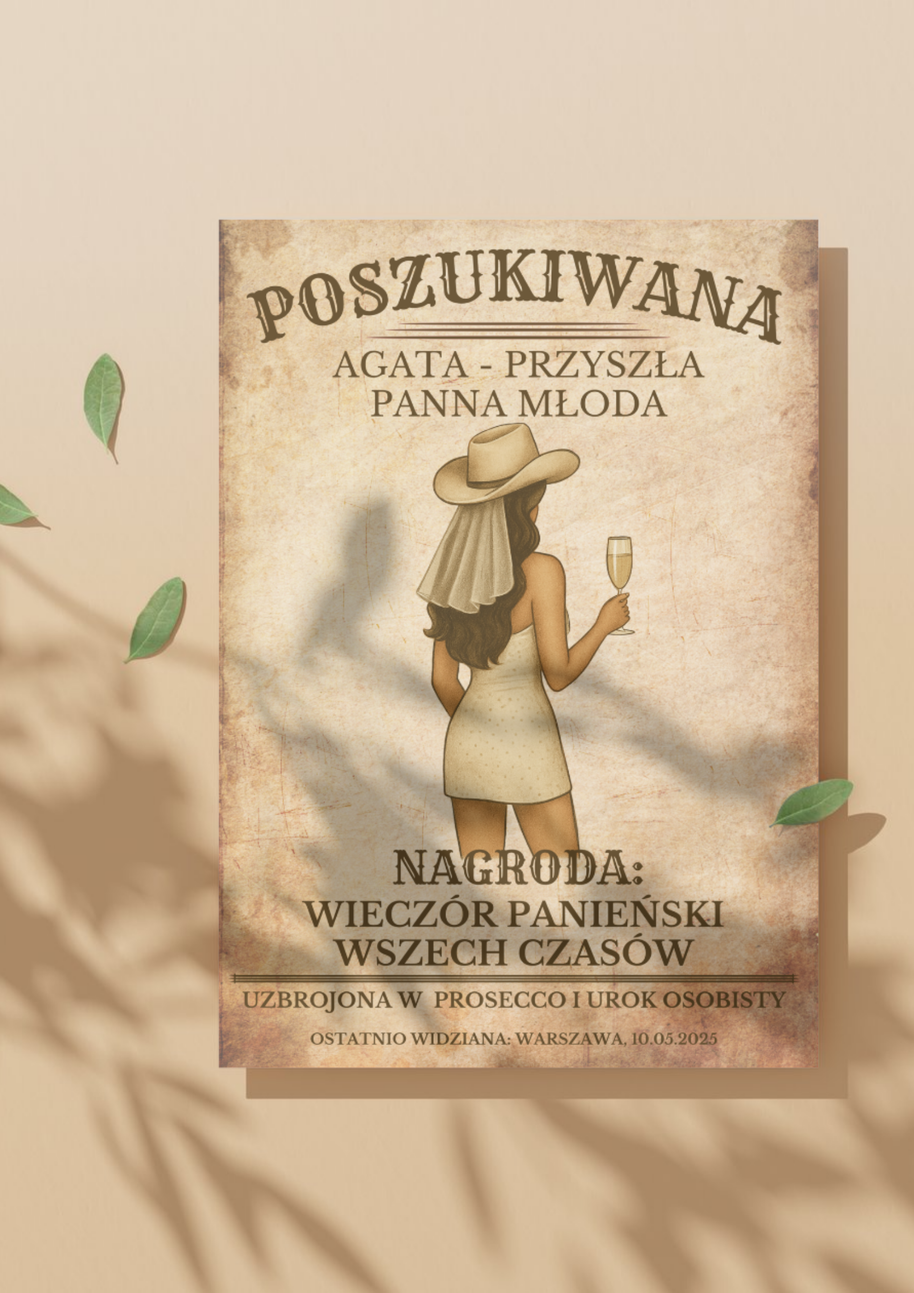Plakat na Wieczór Panieński dla Panny Młodej - personalizowany | POSZUKIWANA