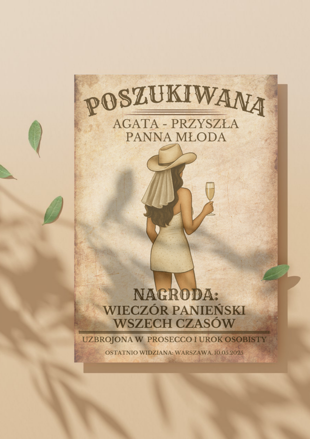 Plakat na Wieczór Panieński dla Panny Młodej - personalizowany | POSZUKIWANA - Weselny Vibe