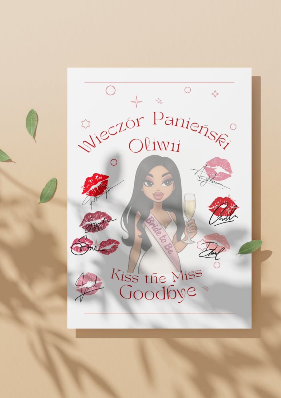 Plakat na Wieczór Panieński dla Panny Młodej – personalizowany | Kiss the Miss Goodbye