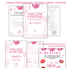 PAKIET BESTSELLERÓW NA PANIEŃSKI: 20 Gier i Zabaw + Ankiety dla Uczestniczek + Plakat dla Panny Młodej PRODUKT CYFROWY