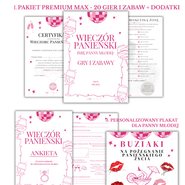 PAKIET BESTSELLERÓW NA PANIEŃSKI: 20 Gier i Zabaw + Ankiety dla Uczestniczek + Plakat dla Panny Młodej PRODUKT CYFROWY