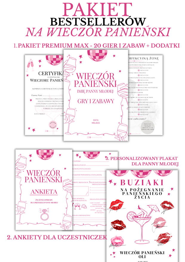 PAKIET BESTSELLERÓW NA PANIEŃSKI: 20 Gier i Zabaw + Ankiety dla Uczestniczek + Plakat dla Panny Młodej PRODUKT CYFROWY - Weselny Vibe