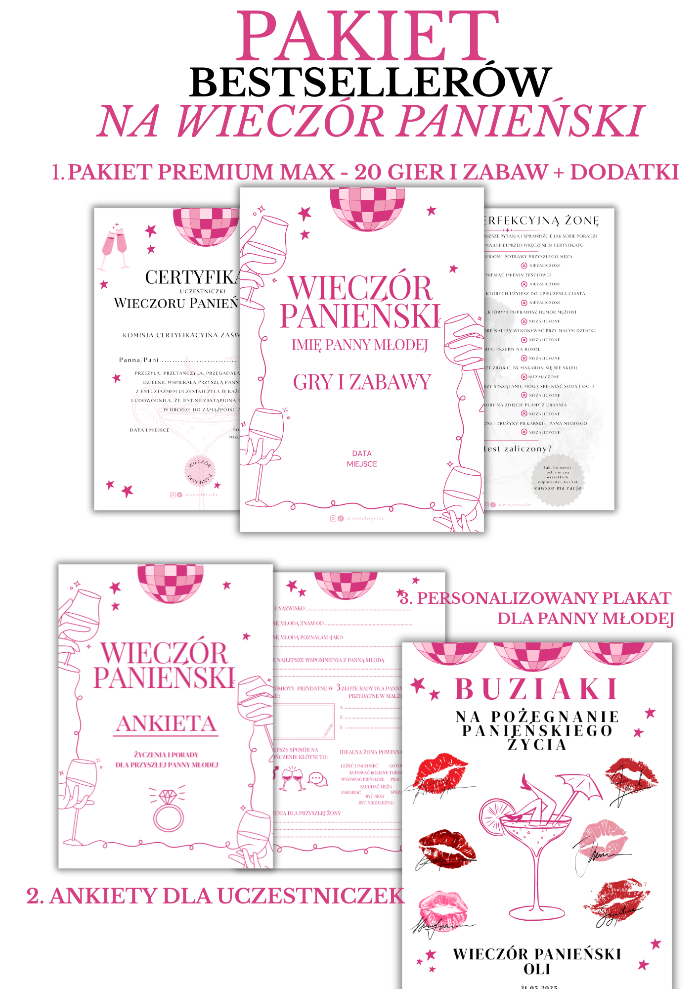 PAKIET BESTSELLERÓW NA PANIEŃSKI: 20 Gier i Zabaw + Ankiety dla Uczestniczek + Plakat dla Panny Młodej PRODUKT FIZYCZNY