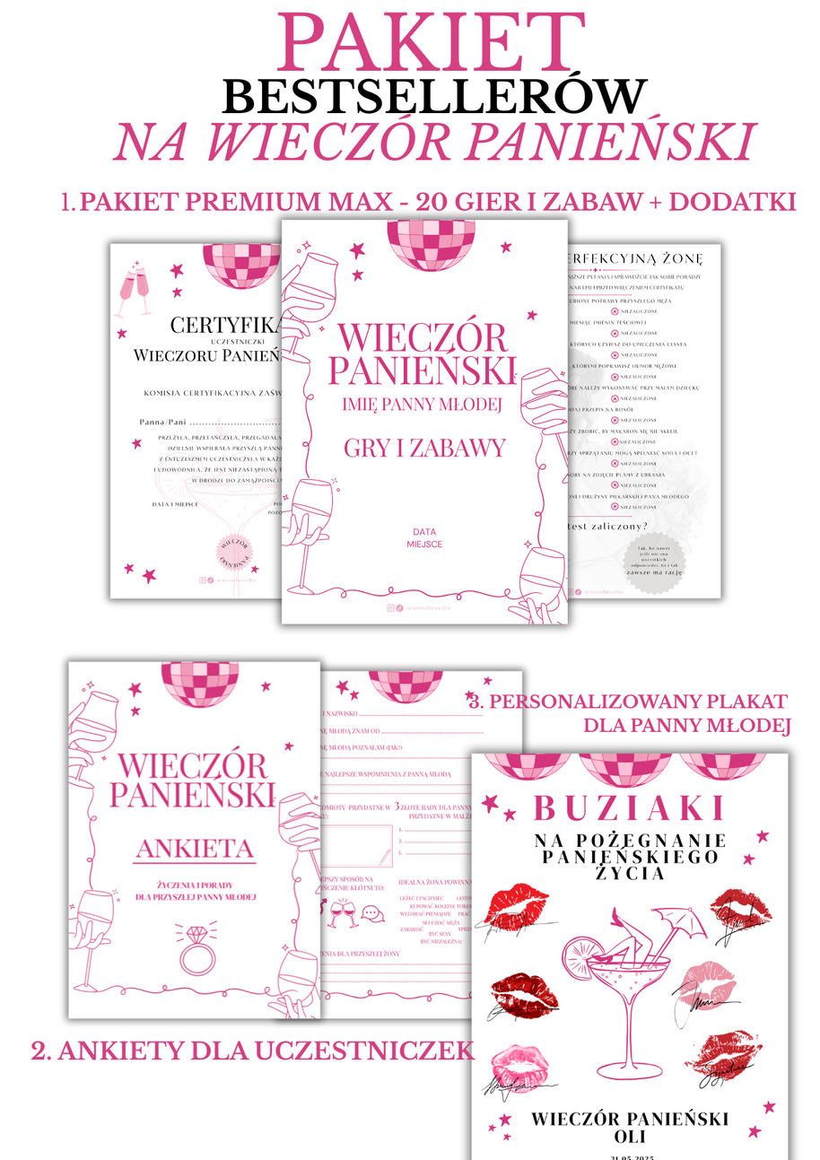 PAKIET BESTSELLERÓW NA PANIEŃSKI: 20 Gier i Zabaw + Ankiety dla Uczestniczek + Plakat dla Panny Młodej PRODUKT FIZYCZNY