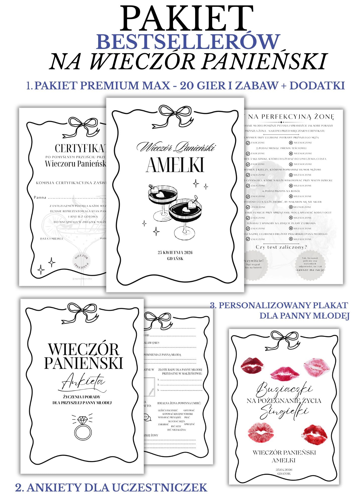 PAKIET BESTSELLERÓW NA PANIEŃSKI: 20 Gier i Zabaw + Ankiety dla Uczestniczek + Plakat dla Panny Młodej PRODUKT CYFROWY - Weselny Vibe