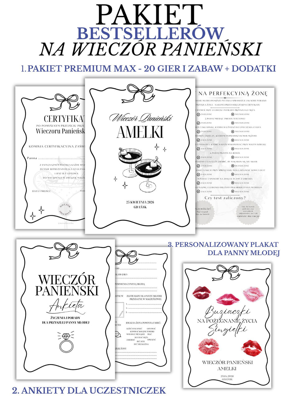 PAKIET BESTSELLERÓW NA PANIEŃSKI: 20 Gier i Zabaw + Ankiety dla Uczestniczek + Plakat dla Panny Młodej PRODUKT CYFROWY - Weselny Vibe