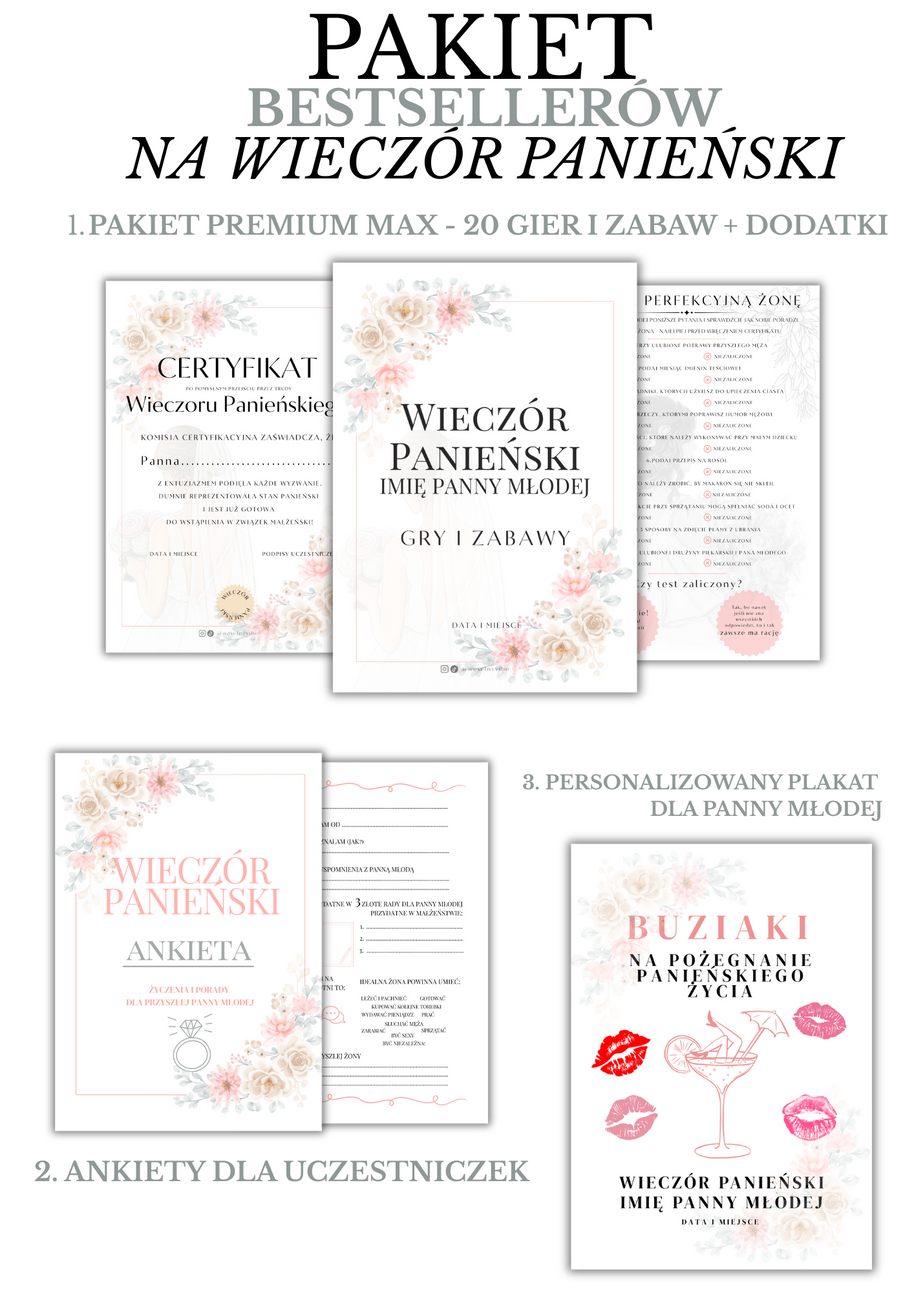 PAKIET BESTSELLERÓW NA PANIEŃSKI: 20 Gier i Zabaw + Ankiety dla Uczestniczek + Plakat dla Panny Młodej PRODUKT FIZYCZNY