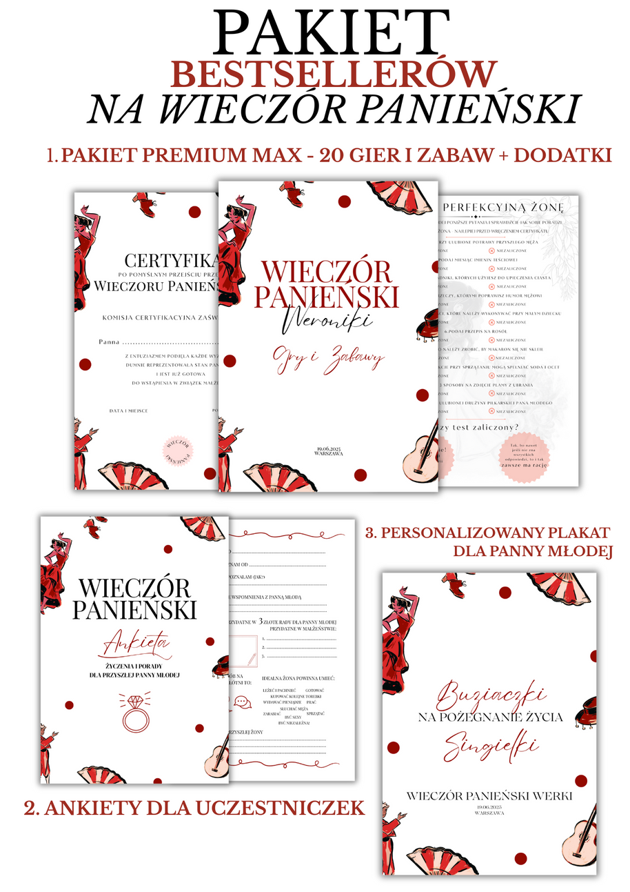 PAKIET BESTSELLERÓW NA PANIEŃSKI: 20 Gier i Zabaw + Ankiety dla Uczestniczek + Plakat dla Panny Młodej PRODUKT FIZYCZNY