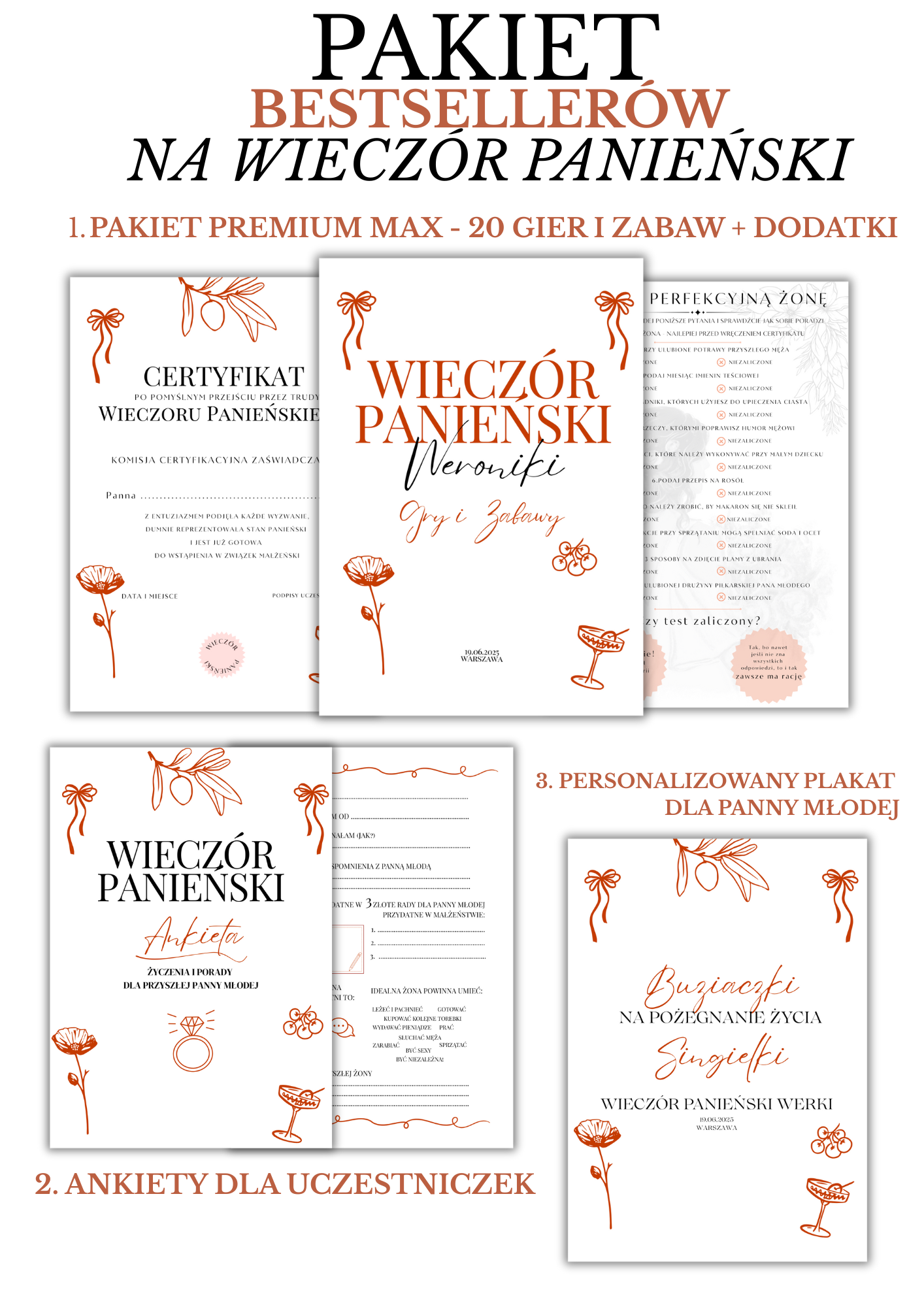 PAKIET BESTSELLERÓW NA PANIEŃSKI: 20 Gier i Zabaw + Ankiety dla Uczestniczek + Plakat dla Panny Młodej PRODUKT FIZYCZNY
