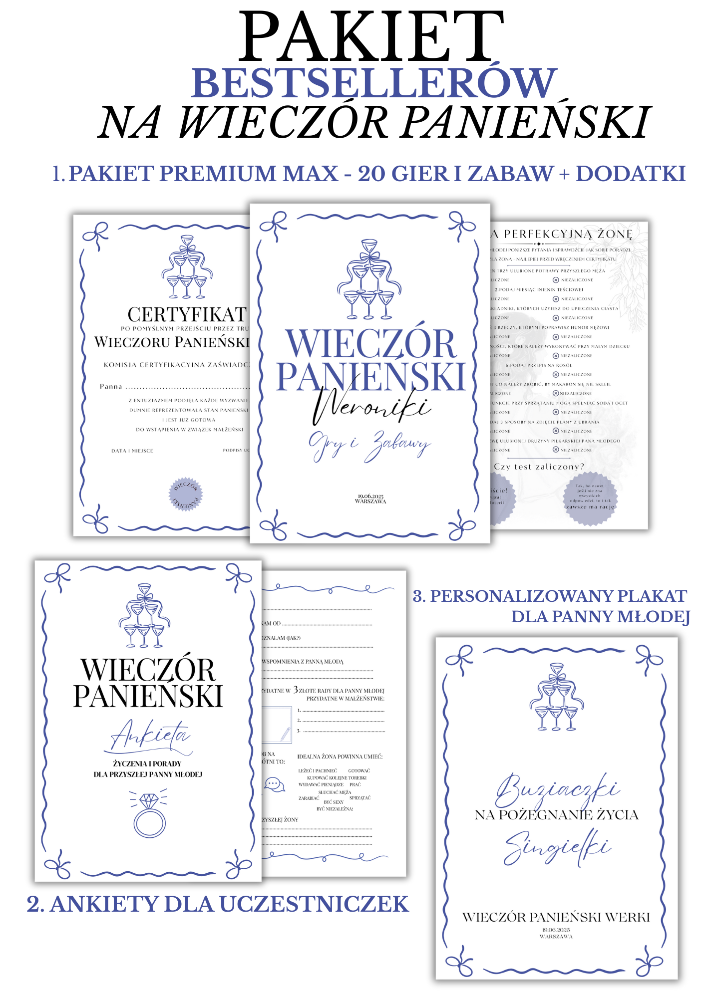 PAKIET BESTSELLERÓW NA PANIEŃSKI: 20 Gier i Zabaw + Ankiety dla Uczestniczek + Plakat dla Panny Młodej PRODUKT FIZYCZNY