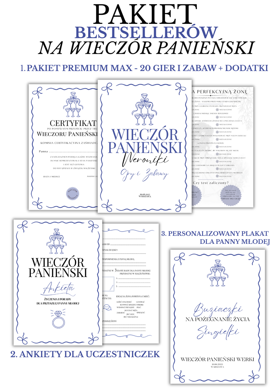 PAKIET BESTSELLERÓW NA PANIEŃSKI: 20 Gier i Zabaw + Ankiety dla Uczestniczek + Plakat dla Panny Młodej PRODUKT FIZYCZNY