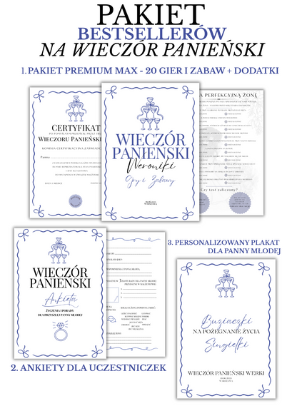 PAKIET BESTSELLERÓW NA PANIEŃSKI: 20 Gier i Zabaw + Ankiety dla Uczestniczek + Plakat dla Panny Młodej PRODUKT FIZYCZNY - Weselny Vibe