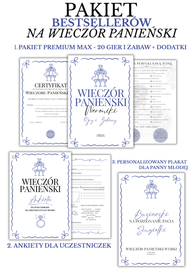 PAKIET BESTSELLERÓW NA PANIEŃSKI: 20 Gier i Zabaw + Ankiety dla Uczestniczek + Plakat dla Panny Młodej PRODUKT CYFROWY - Weselny Vibe
